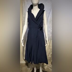 Finley Navy Blue Wrap-Style Midi Dress Sculpted Collar sleeveless Classic